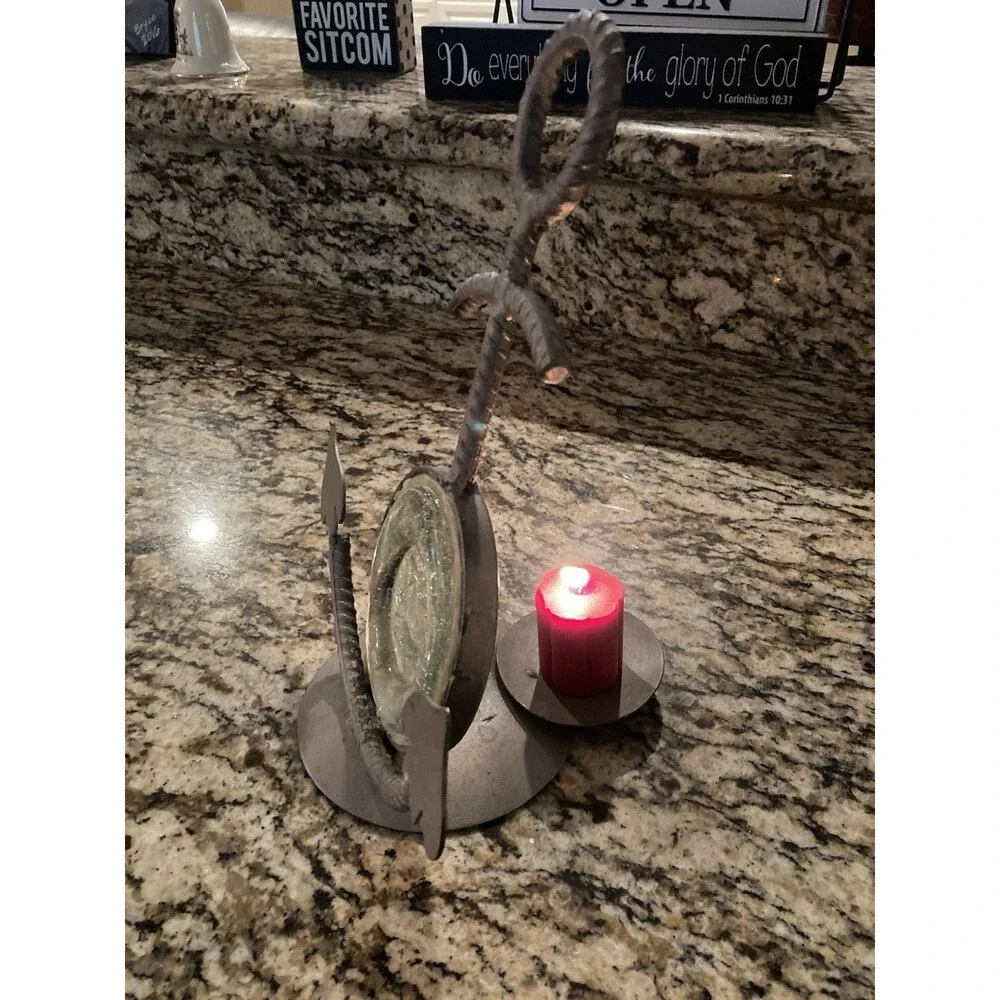 Nautical Candle Holder Beach Coastal Anchor Fish Seaside Rope Metal Cabincore